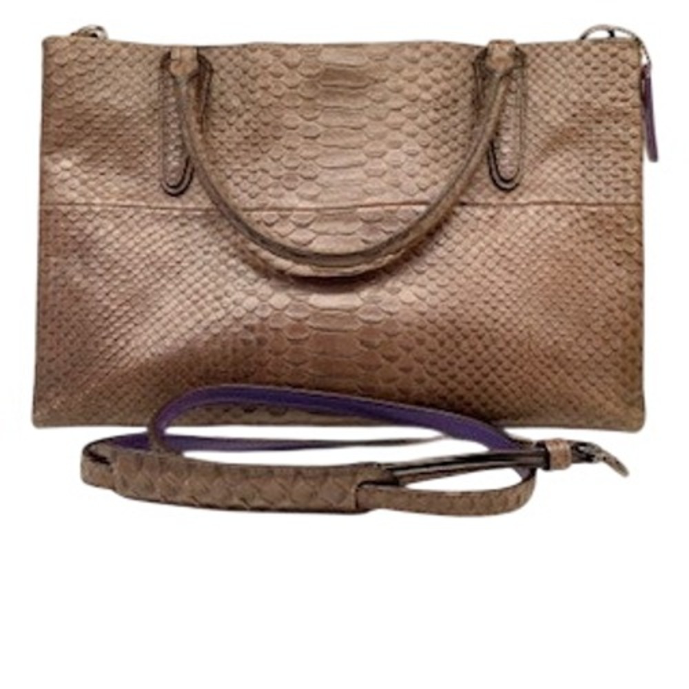 Coach Embossed Snakeskin Leather Tote Bag Brown Purple Strap Shoulder Strap